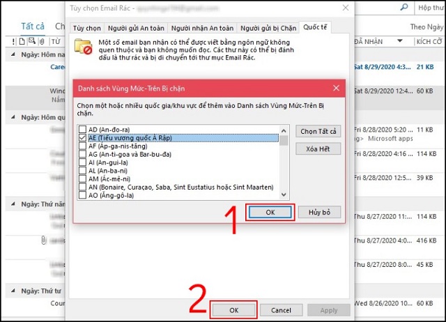 hướng dẫn chặn email trong outlook theo mã quốc gia/ vùng lãnh thổ