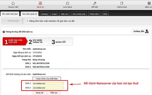  trỏ tên miền tới nameservers của hosting