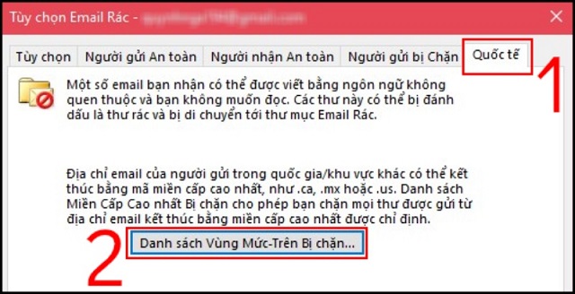 cách chặn email trong outlook theo mã quốc gia/ vùng lãnh thổ