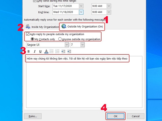 cách Cài đặt mail tự trả lời trong outlook