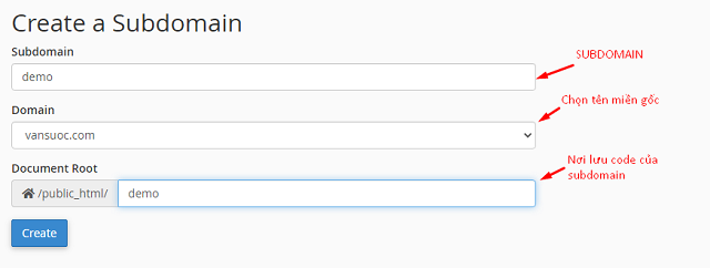 Tiến hành điền các thông tin cần thiết Tiến hành điền các thông tin cần thiết ở phần Create a Subdomain