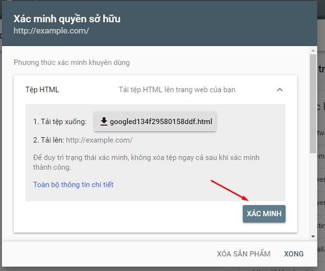 các bước cài đặt google search console bằng tệp HTML