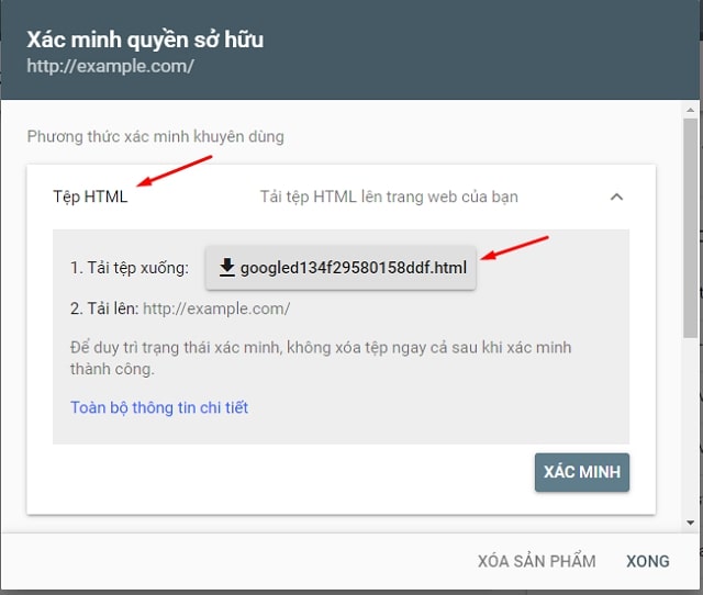 cài đặt google search console bằng tệp HTML