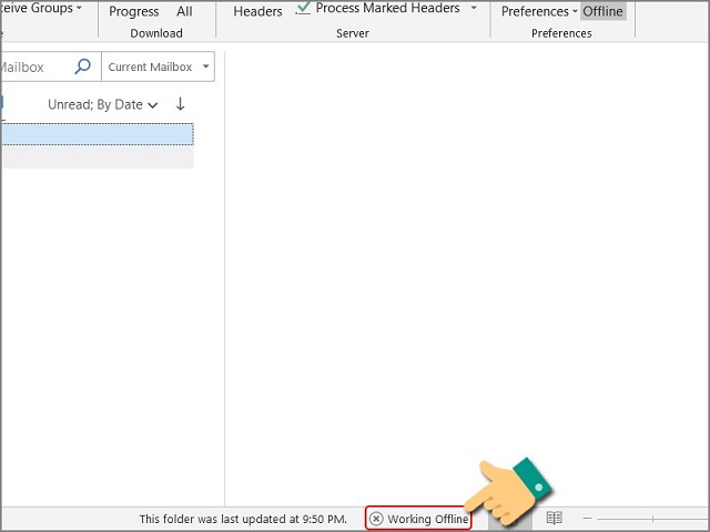 Outlook lỗi không nhận được mail do đang bật chế độ offline