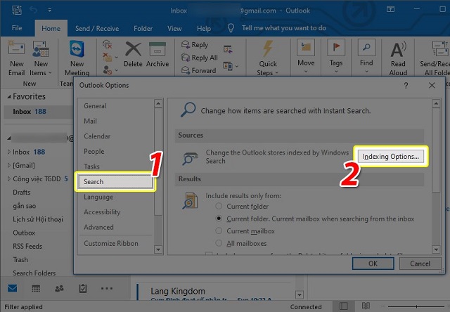 Khắc phục lỗi không search được mail trong outlook do mất index