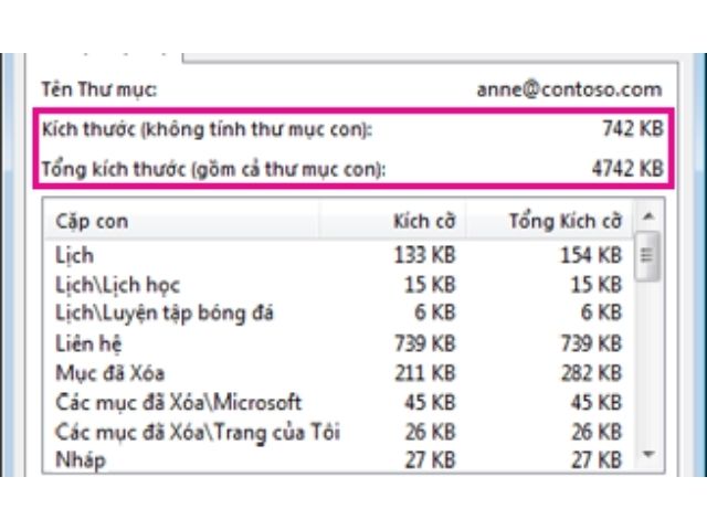 xem dung lượng bộ nhớ mail outlook