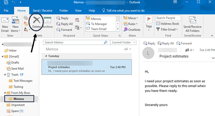 Cách xóa email trong folder outlook